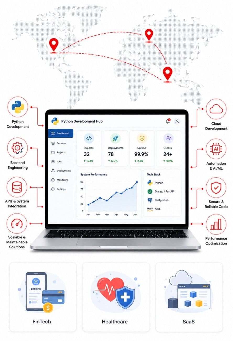 Python development illustration showing backend dashboard, global delivery, and industry expertise.
