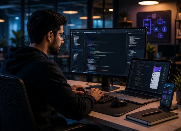 This Represents an Hero section image of Website developer working on web application development across multiple screens in a modern software development workspace.